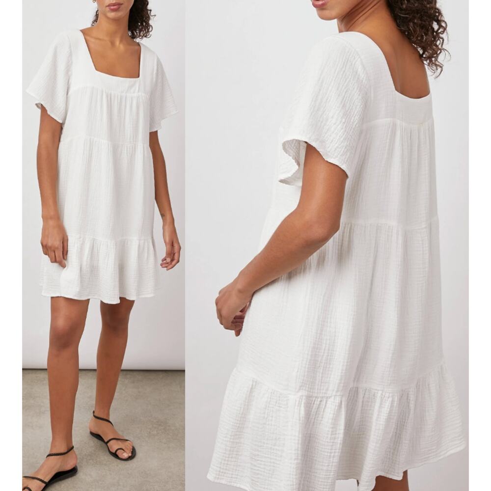 Rails Valentina Dress M White Cotton Gauze Tiered Mini Lined Square Neck Boho